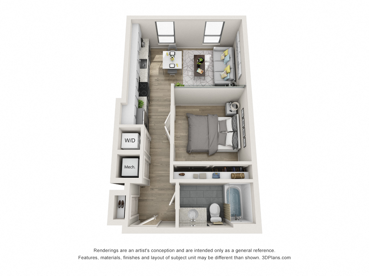 Floor plan for 1 bed, 1 bath, 566 sqft